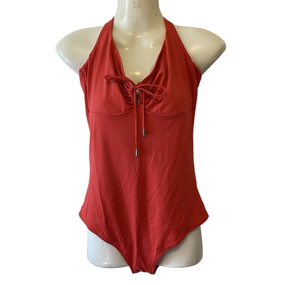 HeidiKlein Red HalterNeck OnePiece Swimsuit UnPadded Keyhole Beach Preppy 4 - Picture 1 of 9
